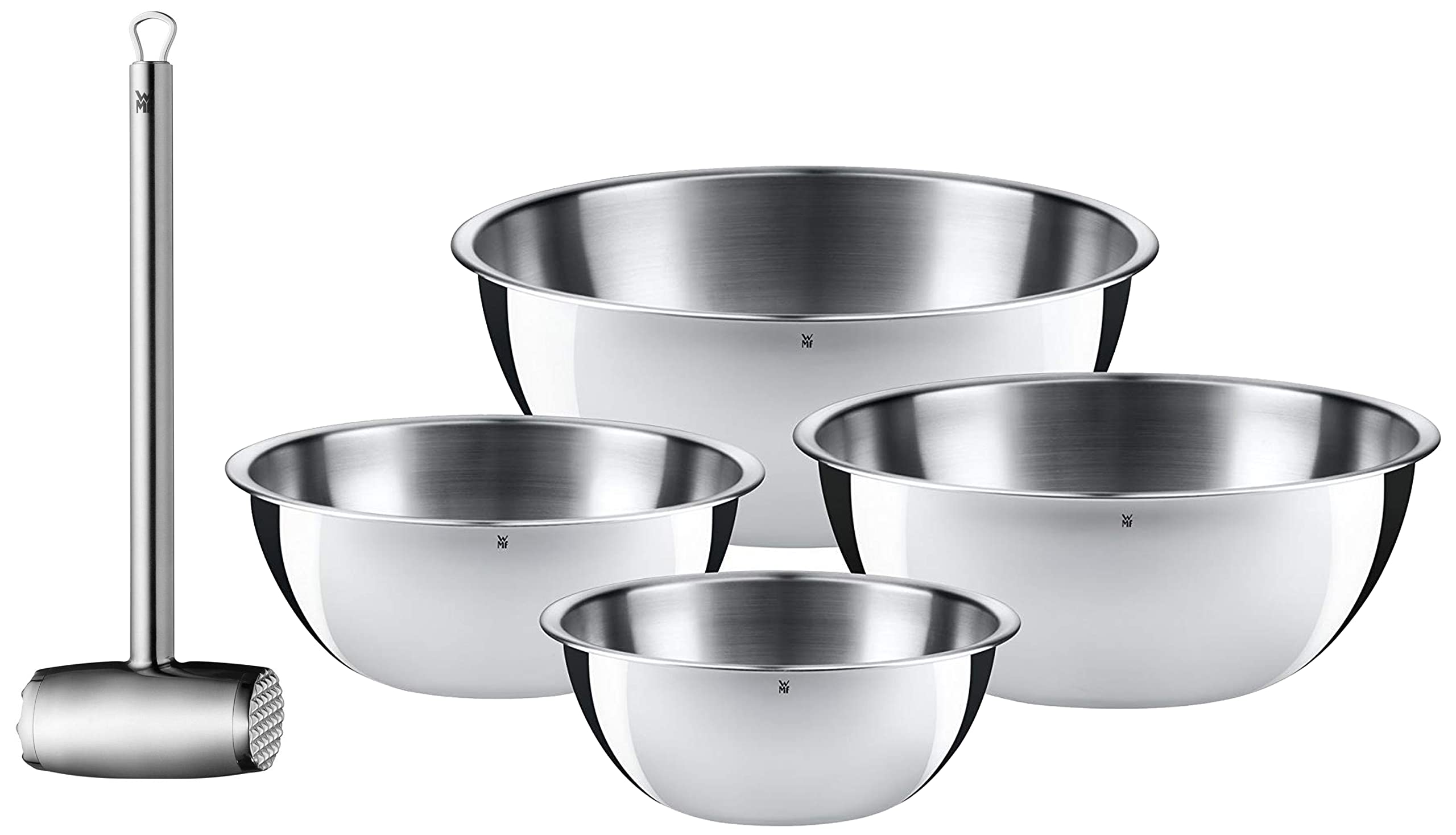 WMF Profi Plus Fleischhammer 34 cm, Fleischklopfer, Schnitzelklopfer & Gourmet Schüsselset 4-teilig Edelstahl Schüsseln für die Küche 0,75l - 2,75l, Rührschüssel, Salatschüssel, Cromargan, stapelbar