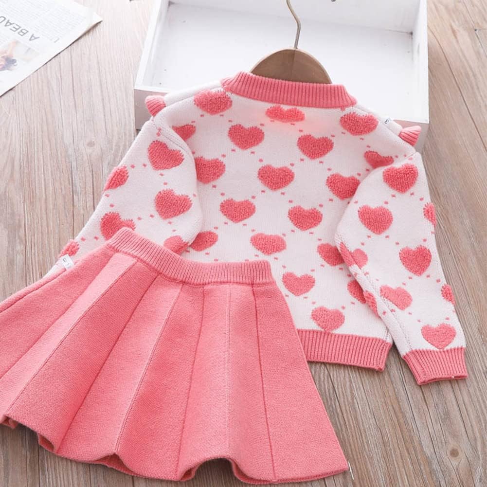 Toddler Baby Girls Outfits Fall Winter Clothes Long Sleeve Knitted Buttons Sweater Tops Pleated Mini Tutu Skirt Set Birthday Christmas Sweater Dress Knit Autumn Spring Outwear Pink-Heart 5-6 Years