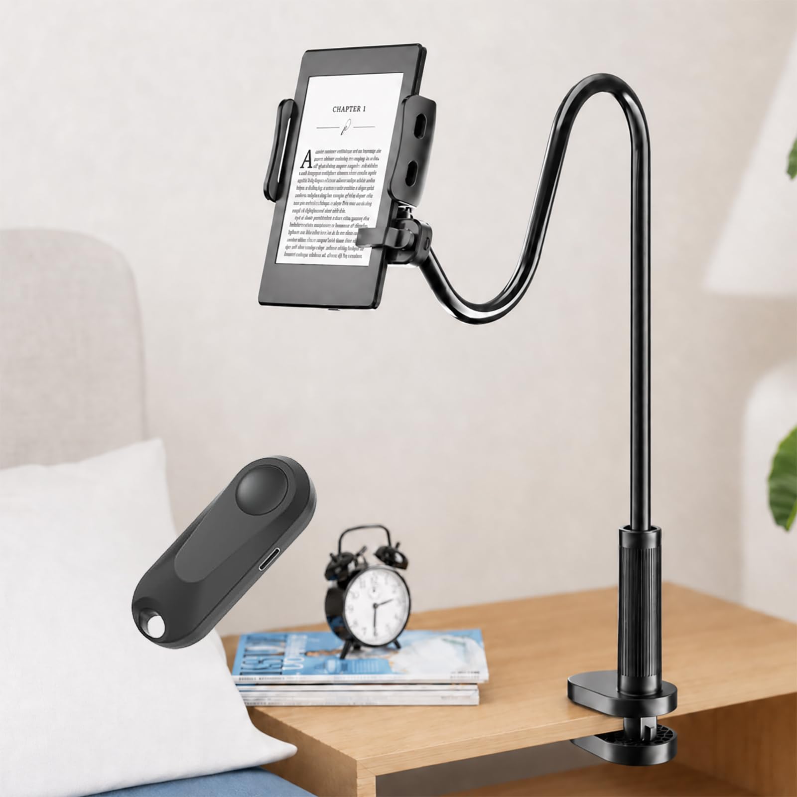 Tablet-Halterung für Kindle, zum Lesen im Bett, mit Fernbedienungs-Seitenwender, freihändiger Schreibtisch-Schwanenhals-Ständer für Kindle-Zubehör, Geschenke für Leser