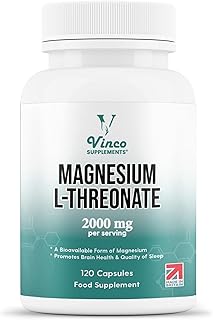 Vinco Magnesium L-Threonate Supplement - 120 High Strength Magnesium L Threonate Capsules - 2000mg Bioavailable Form of Magnesium per Serving - Non-GMO & Gluten Free – Made in The UK