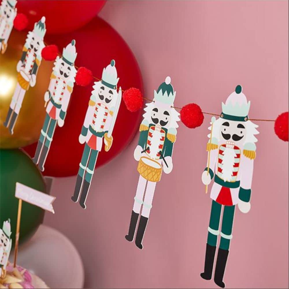 Club Green Red, Green, Gold, Silver Christmas Nutcracker Pom Pom Garland, Traditional Festive Party Hanging Nutcracker Decoration, Childrens Nutcracker Bunting 2M