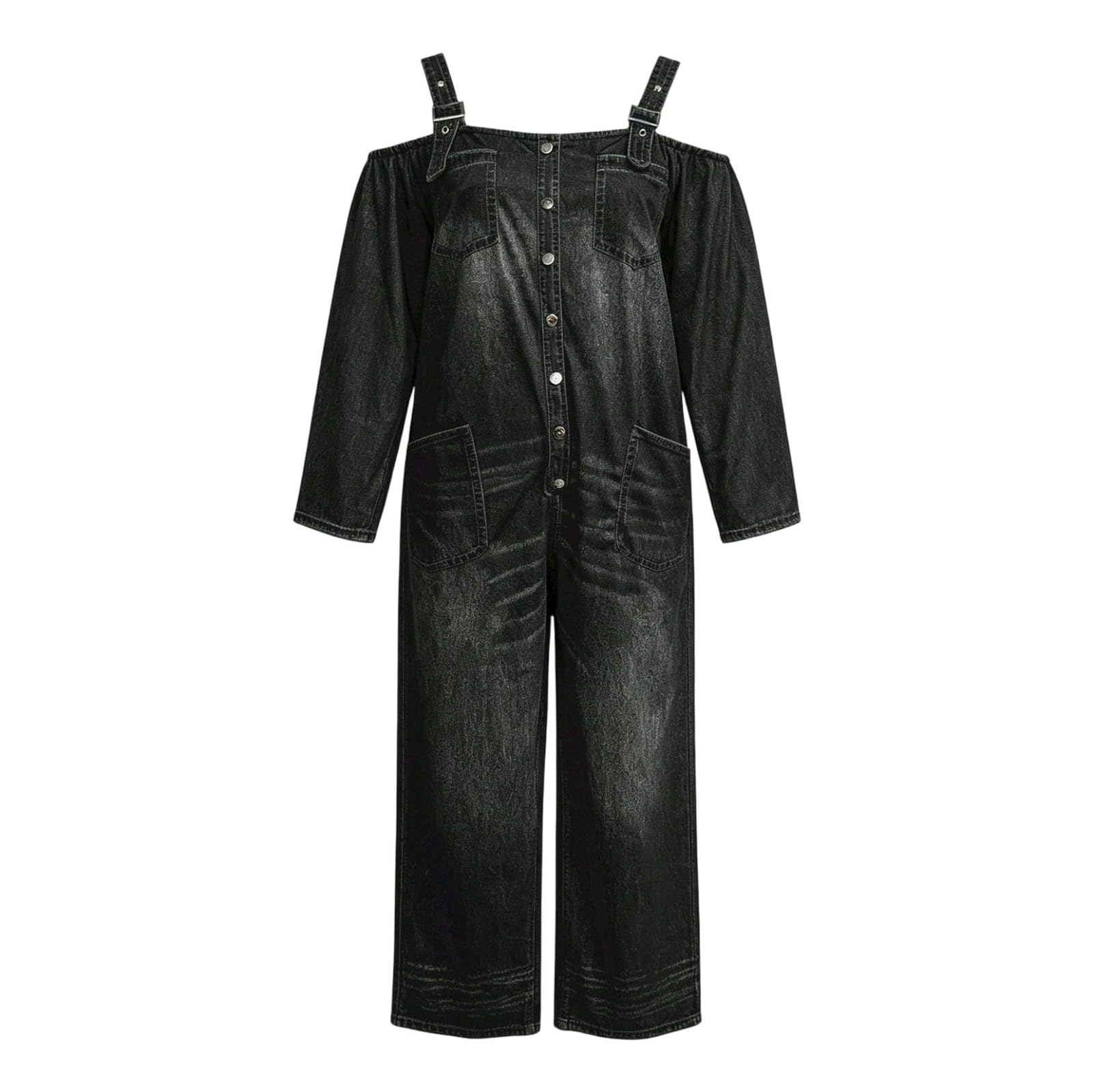 Tuta da donna in jeans a gamba larga, con bretelle scoperte, stile vintage, in denim lavato, monopetto, per feste