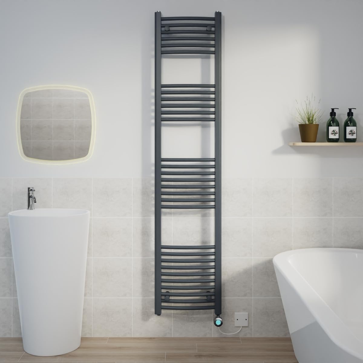 Warmehaus Prefilled 1800x400mm Curved Electric Heated Towel Rail with Timer Thermostatic Bathroom Radiator Anthracite - 800W(Chrome Heating Element) — image 1