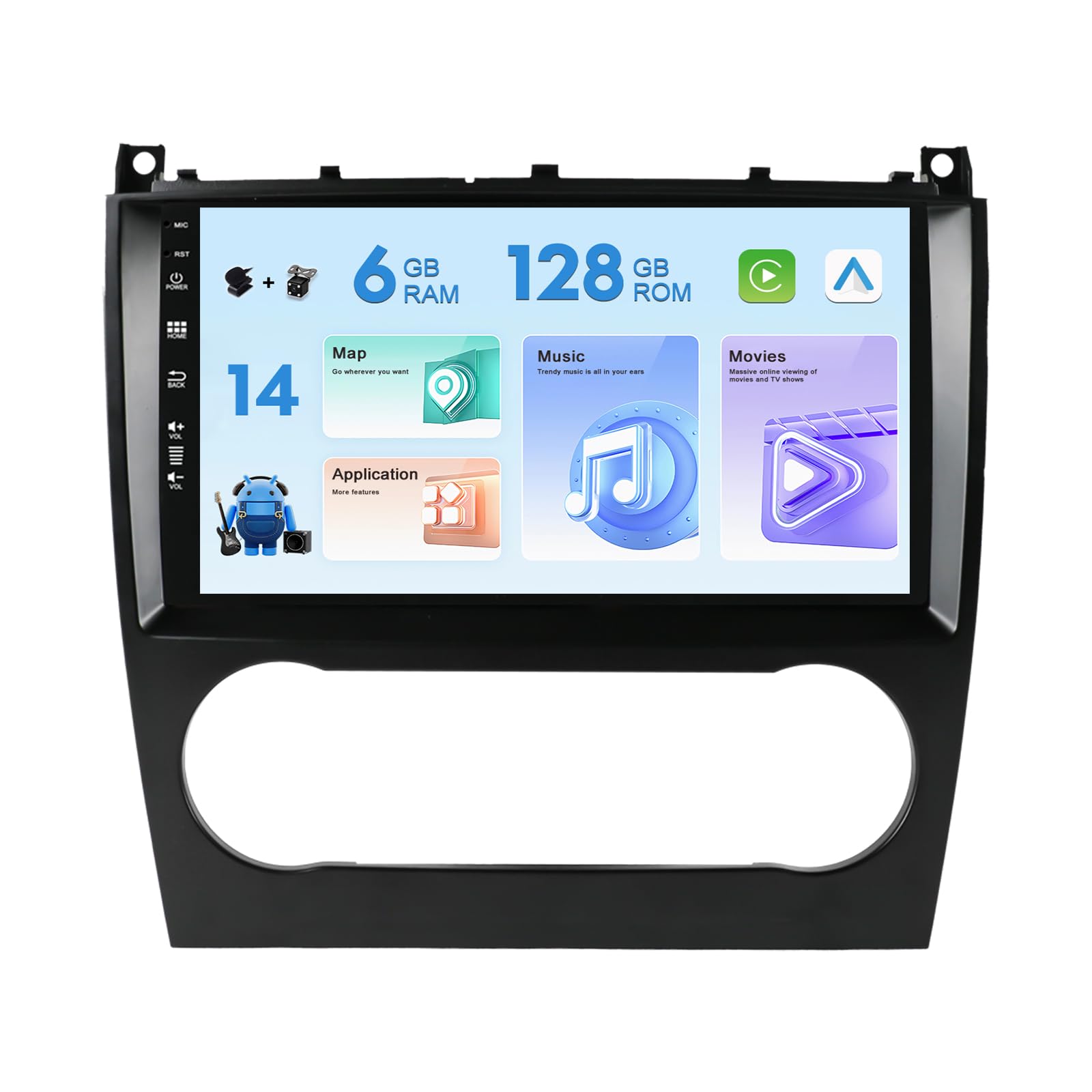 6G+128GB Double Din Car Audio Stereo Android 14 For Mercedes Benz C-Class W203 GPS SAT NAV BT FM DAB+ Carplay SWC Head Unit Camera Mic