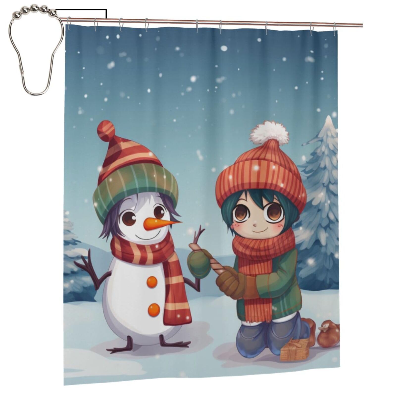 BWWHCCTI Merry Christmas Printed Shower Curtain With 12 Iron Hooks Opaque Quick Drying Waterproof Shower Curtains Sets For Bathroom 152x183 Cm