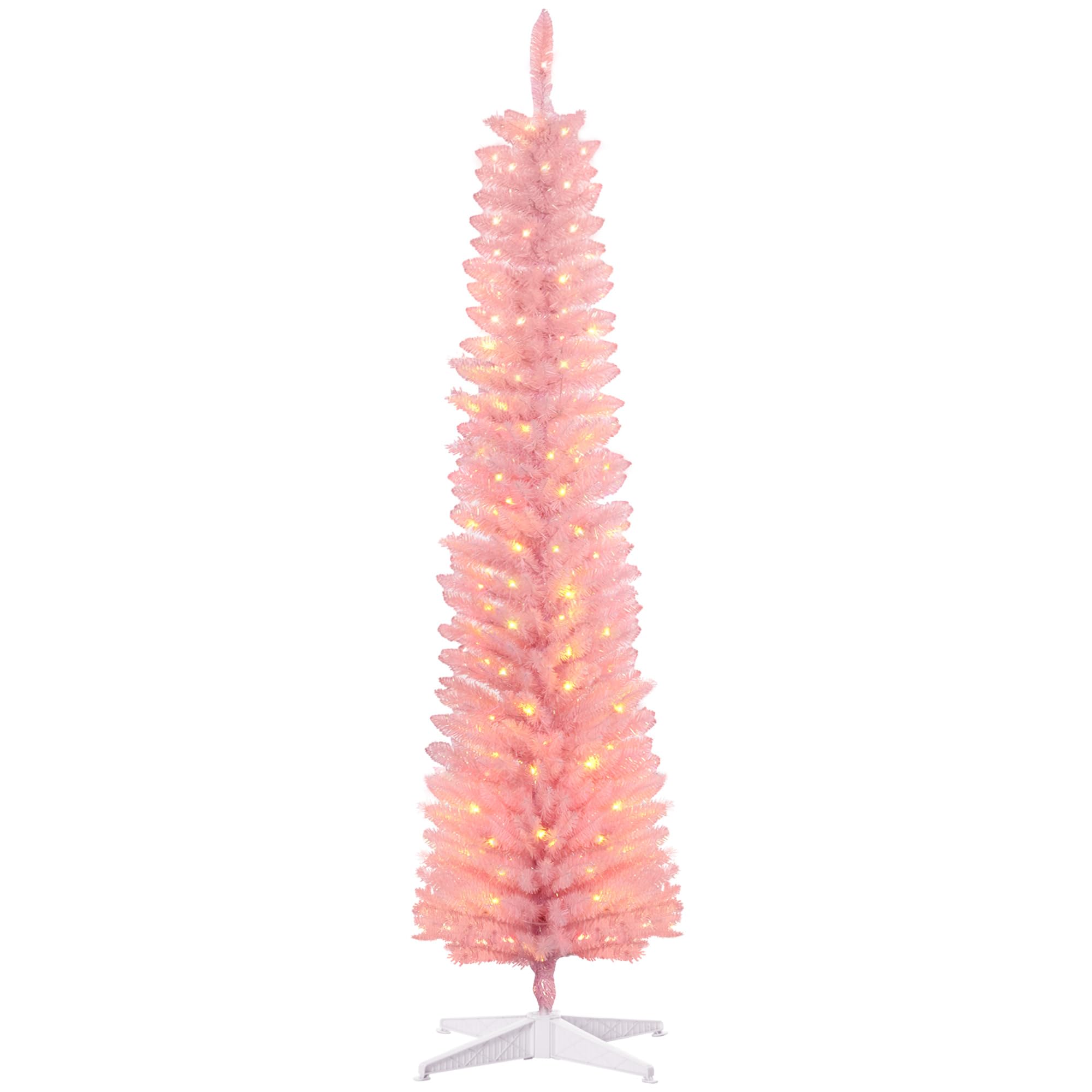 HOMCOM 6ft Tall Pencil Prelit Artificial Christmas Tree Holiday Décor with 360 Colorful Surface Branches, 200 Colorful LED Lights, Pink