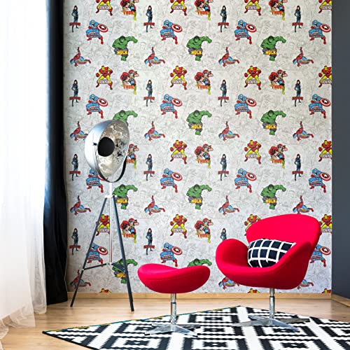 Muriva Los Vengadores Papel Pintado Blanco y Negro Hulk Thor Ironman Comic Strip Kids Room Cover