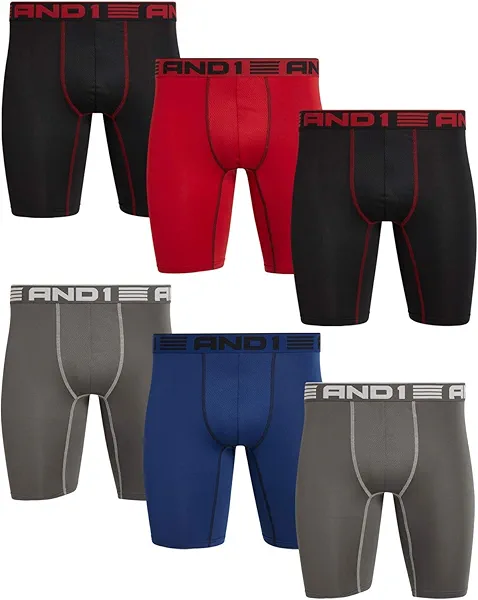 AND1 Mens Boxer Briefs - 6 Pack Platinum Performance Long Leg Boxer Briefs with Pouch - Boxers for Men, 9" Inseam (S-3XL), Size X-Large, Black/Blue/Charcoal/Red