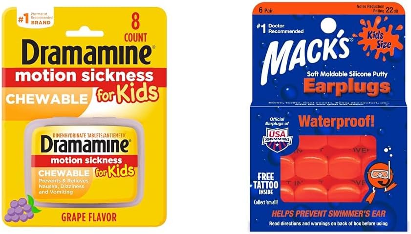 Kids Chewable Motion Sickness Relief 8 Count & Mack's Soft Moldable Silicone Putty Ear Plugs Kids Size 6 Pair