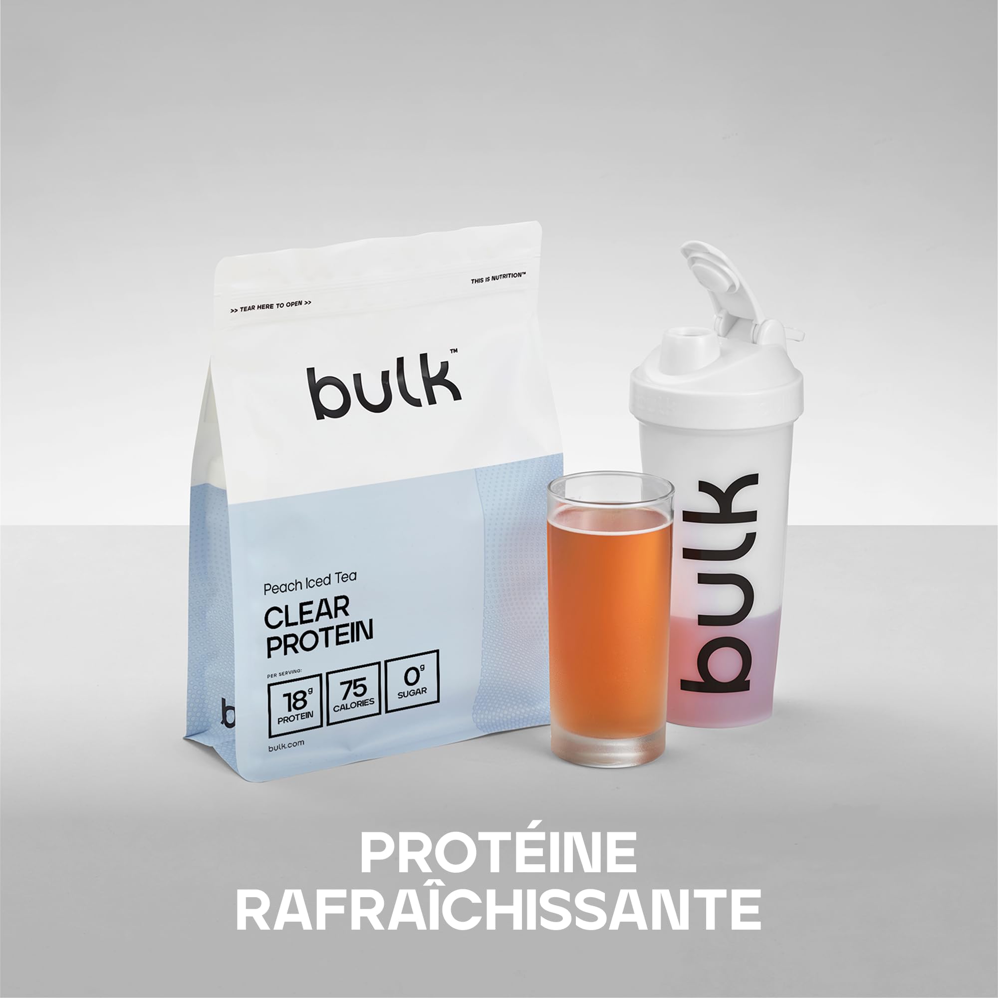 Bulk Clear Protein | Mélange de Whey & Collagène | 400 g | 20 portions | 18 g de protéines | 5 g de BCAA | Absorption rapide | Favorise la croissance musculaire | Thé glacé pêche