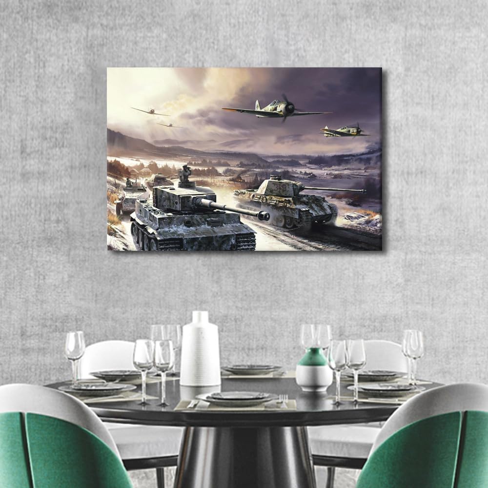 Canvas Wall Art WW2 Tank Wall Paintings for Living Room 1 Panel Boat Artwork Prints on Canvas Modern Home Decorations Autumn and Winter Decoration Framed Gallery-Wrapped Ready to Hang 24x16 in - Image 3