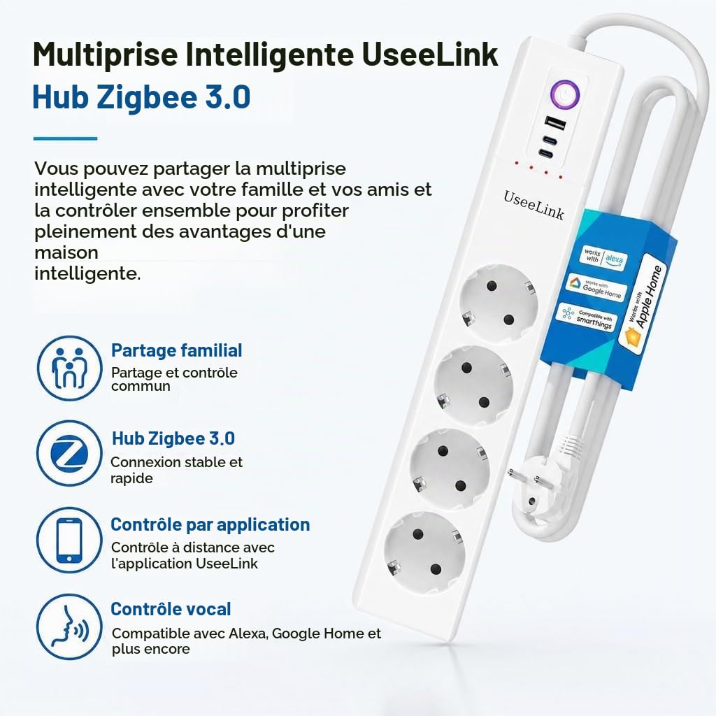 UseeLink Zigbee Power Strip Surge Protector 16A 3500W Fonctionne avec Alexa Home Assistant 4 Prises AC Commutateurs individuels Hub requis Certifié CE Module ZHA Zigbee 2Mqtt