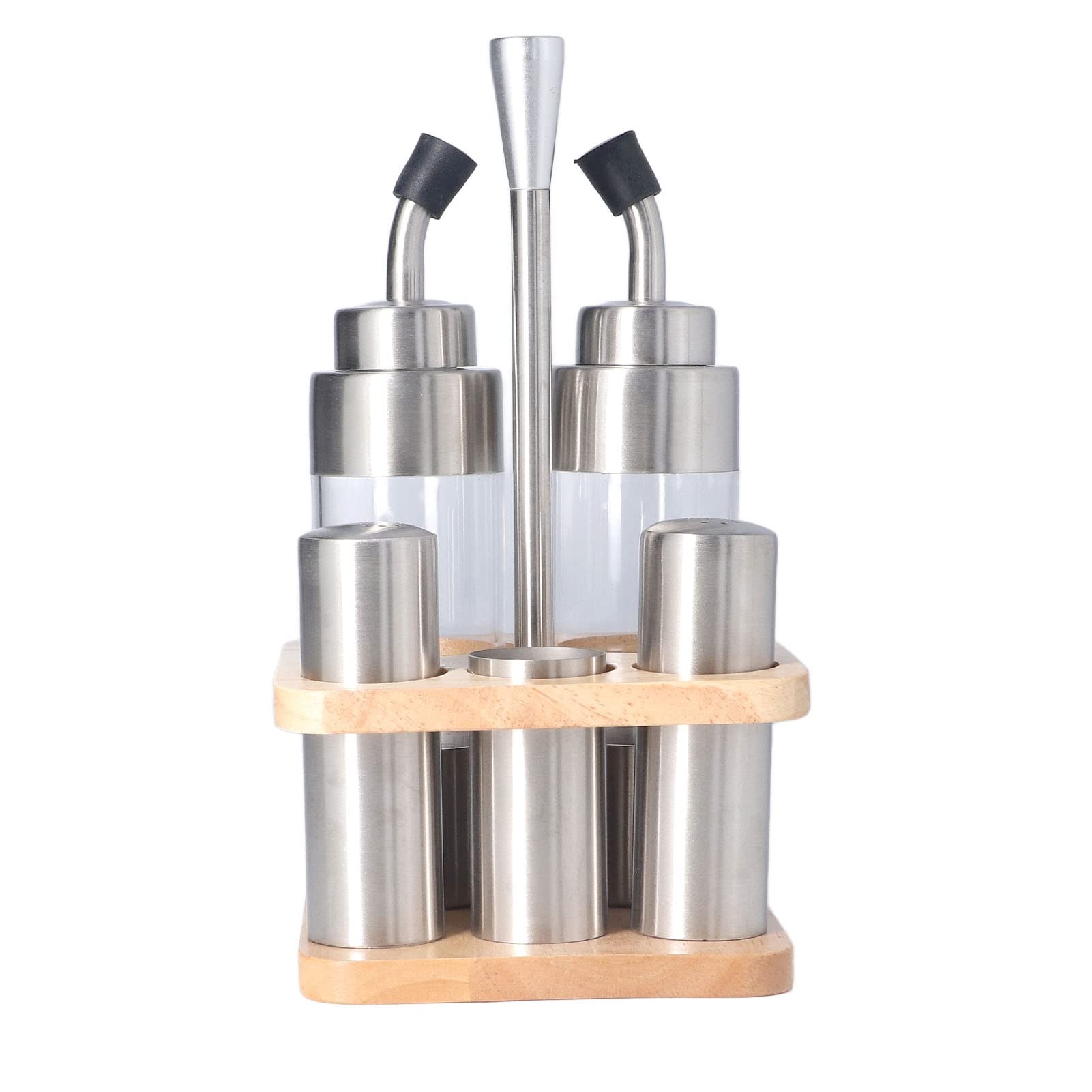 Gewürzflaschen-Set mit Holzregal, 304 Edelstahl Küchentisch-Gewürzaufbewahrung für Öl, Salz, Sojasoße und Essig, 5-teiliger Gewürzspender mit Buchenholzständer