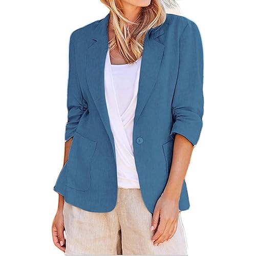 Linen Blazer for Women 2024 Fall Fashion Outfits 3/4 Sleeve Business Casual Work Office Suit Jackets with Pockets