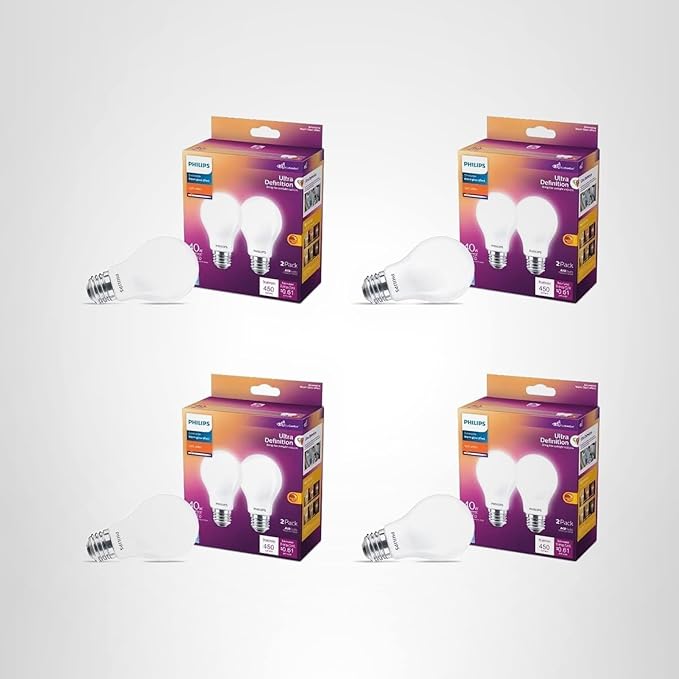PHILIPS LED 40W A19 8-Pack Ultra Definition Soft White (2200K) 450 Lumen (5W = 40W) Dimmable Frosted Flicker-Free Light Bulbs