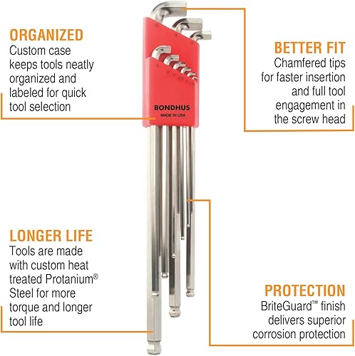 Miniatura 2 de Bondhus 16799 BriteGuard - Juego de llaves hexagonales con punta de extremo de bola rechoncha de 9 piezas, brazo largo, multicolor, talla única