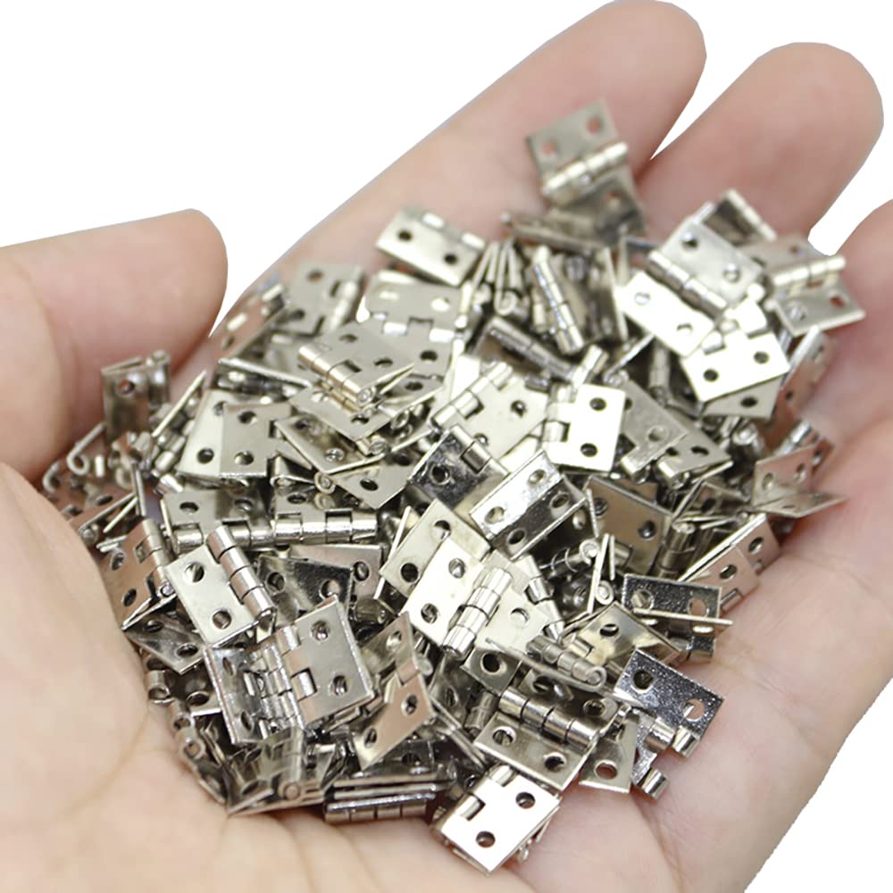100 Pack Mini Brass Hinges – 10 X 8mm 180 Degree Silver Tone For Jewelry Boxes, Dollhouses, Cabinets, And Model Making