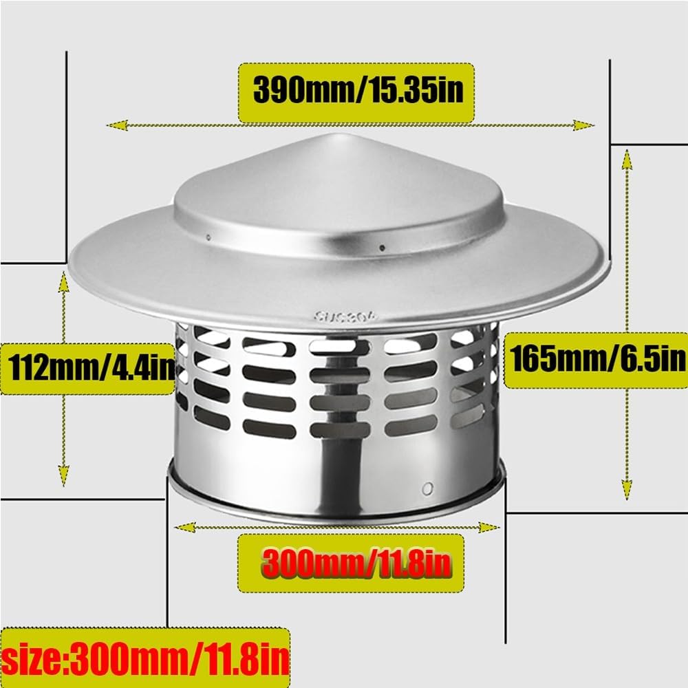 Round Chimneys Cover, Tapered Top Chimney Cap, 3" 6" 9" 11" Stainless Steel Wood/Oil Stove Vent, Fireplace Chimneys Cowl, Weatherproof Roof Vents for Outdoor(300mm/11.8inch)
