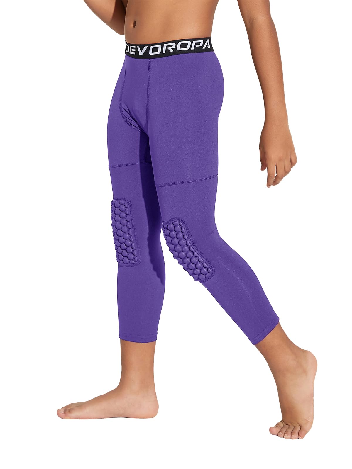 DEVOROPA Youth Boys' Compression Pants with Knee Pads 3/4 Basketball Athletic Tights Quick Dry Sports Workout Leggings