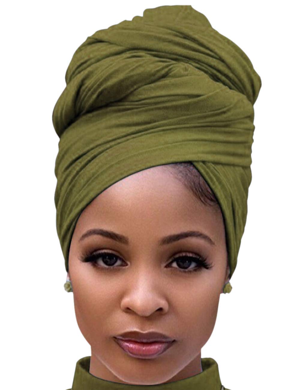 Babahu Women's B04-Army Green Head Wraps For - African Head Scarf Turban Long Hair Head Wrap Scarf Soft Stretch Headwrap