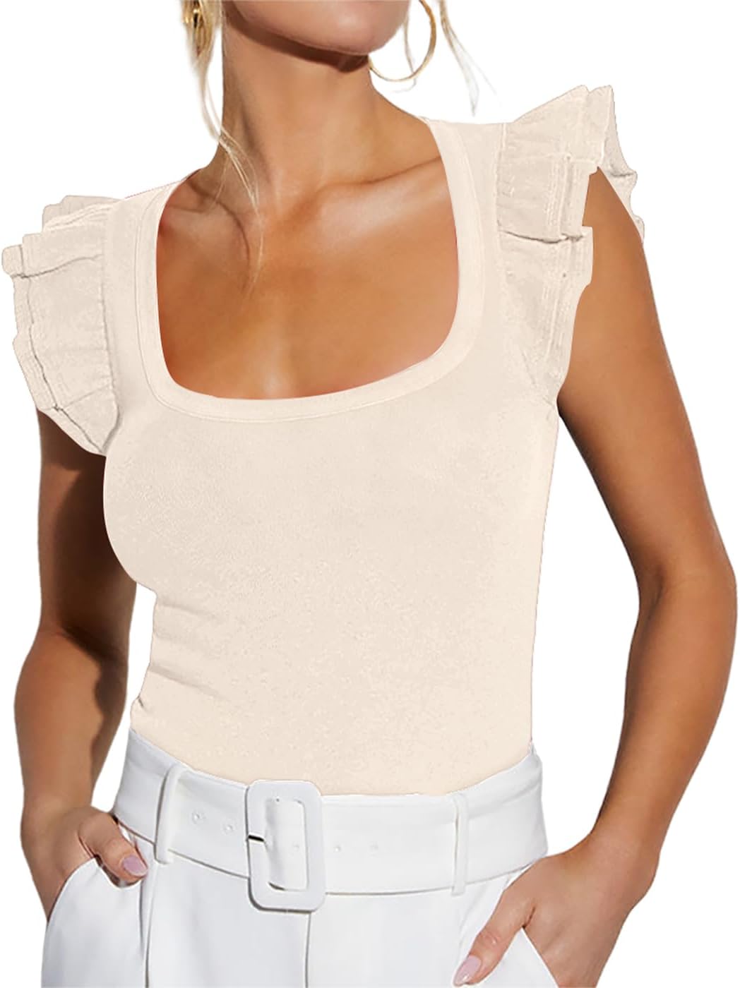 BONITEE Women Summer Ruffle Tops Sexy Square Neck Short Sleeve Shirts Trendy Casual Ribbed Slim Fitted Knit Tees Blouse