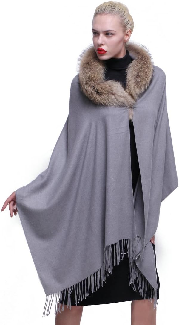 URSFUR Women Cashmere Shawl Scarf with Authentic Fox Trim Multicolor