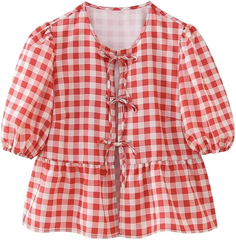Women's Puff Sleeve Plaid Print Lace-Up Ruffle Shirt