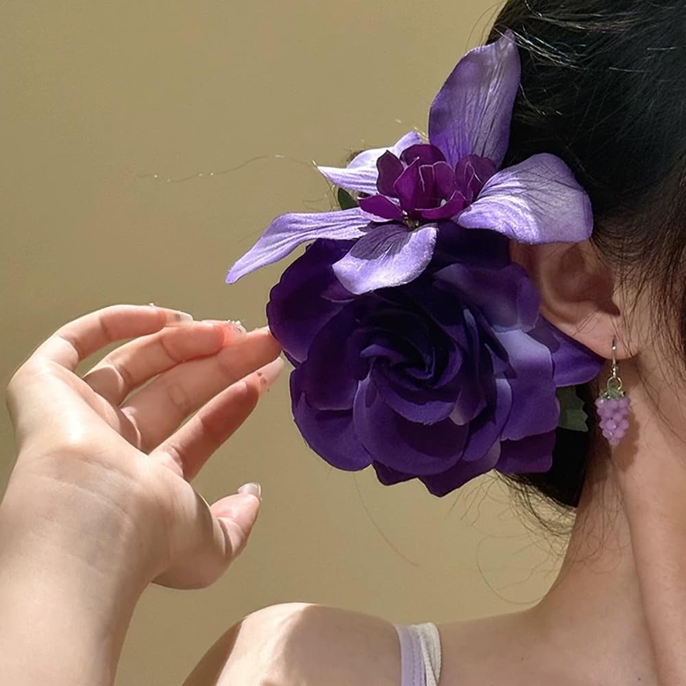 2PCS 3.94" Rose Hair Clips,Glamor Purple Flower Hair Clips,2 in 1 Bridal Flower Brooch,Weddings Weddings Large Rose Boho Hair Accessories for Women Girls - Image 3