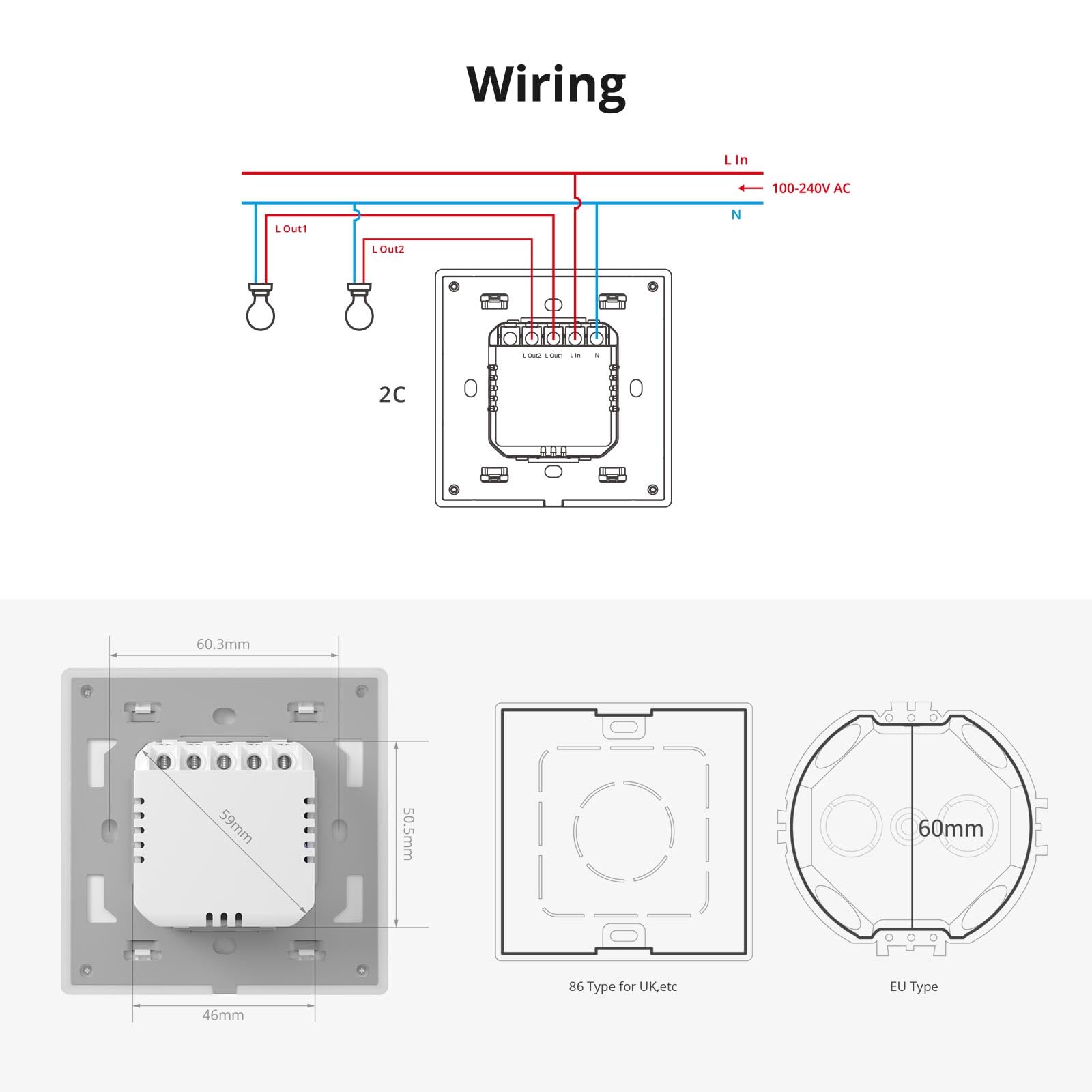 SONOFF T5-2Gang WiFi interrupteur Sans Fil Tactile, 2 way Interrupteur Mural Intelligent, Tactile Complet, Lumière LED, Sonnette Smart Wall Switch Compatible avec Alexa, Google Home, 10A/2400W
