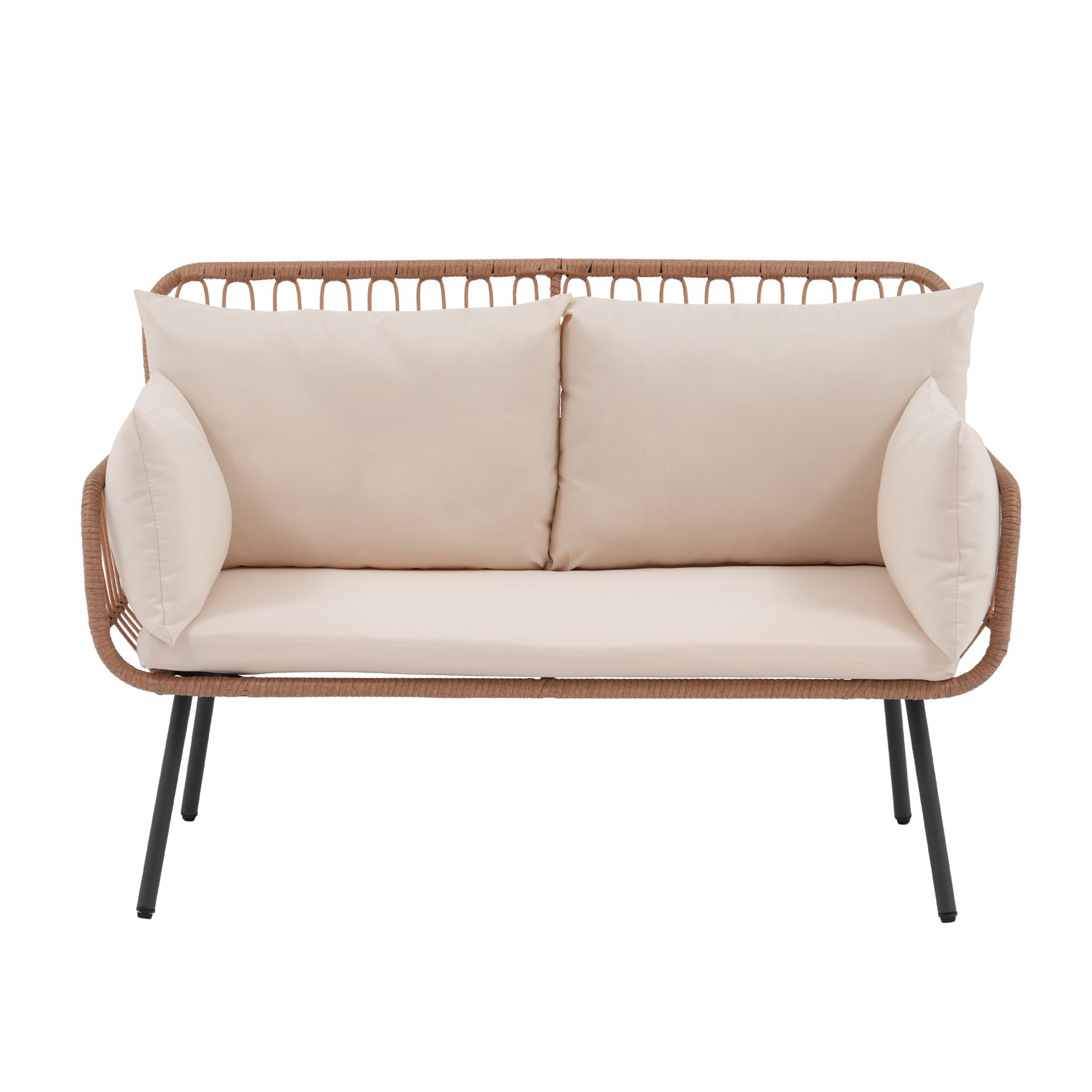 OC Orange-Casual Garten Loveseat, Rattan Gartenmöbel mit Sitzkissen & Rückkissen, Patio Terrasse Sofa für Balkon, Garrten, Schwimmbad,(Natur Rattan & Weiße Kissen)