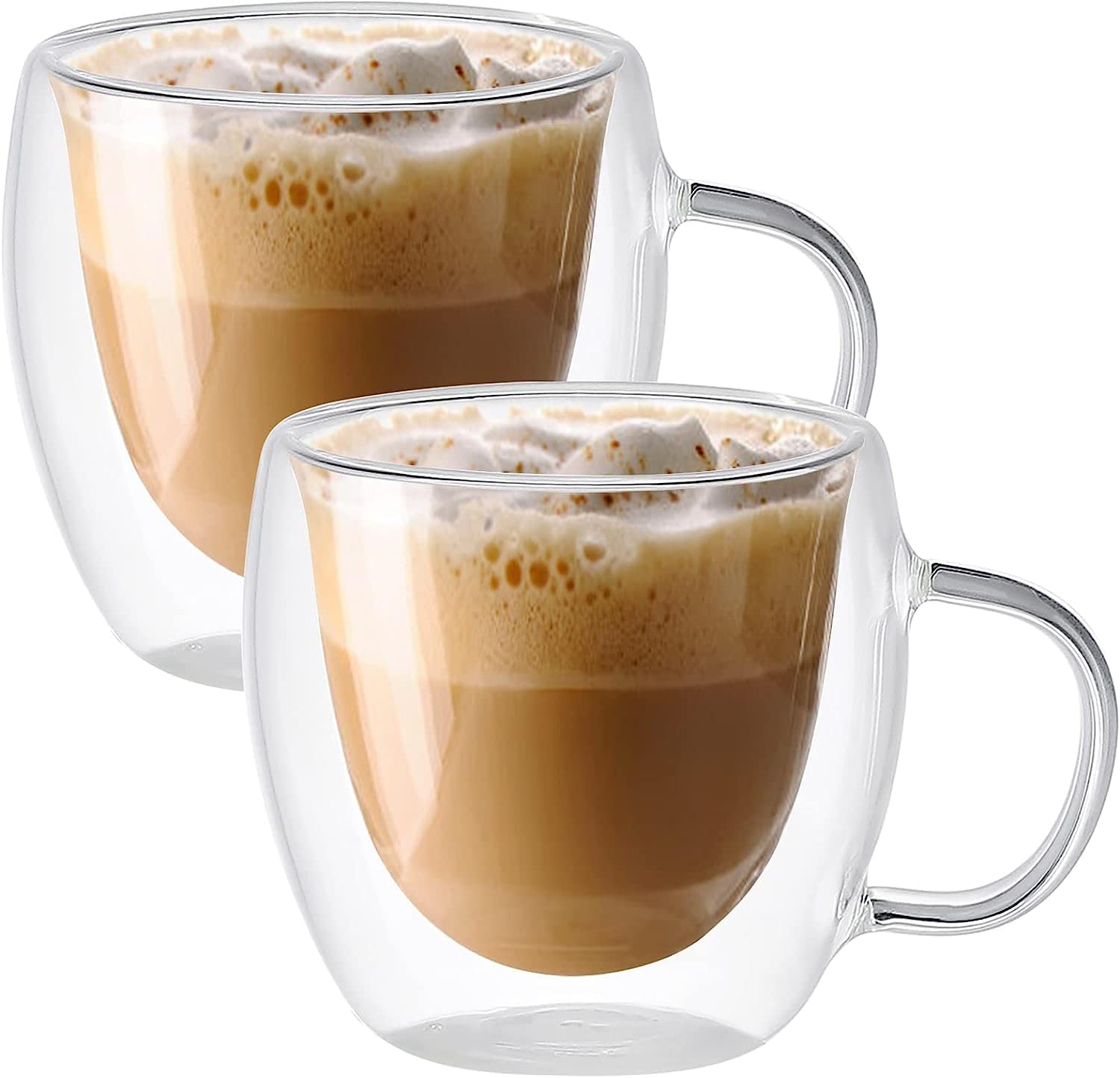 Kaffeetassen aus Glas, 2 Stück, doppelwandige Kaffeetassen aus Glas mit Griff, 150 ml, klar, isoliert, Trinkgläser, Kaffeetasse for Americano Latte, Getränke, Cappuccino, Espressotassen, Teebeutel, Ge
