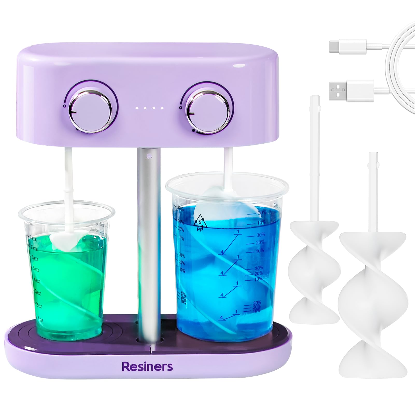 Resiners Dual-Head Resin Mixer, Rechargeable Epoxy Mixer, Stepless Speed & Minimum Bubbles, Electric Spiral Silicone Paddles for Resin,Silicone,Paint Mixing,Resin Tools,DIY Crafts, Purple