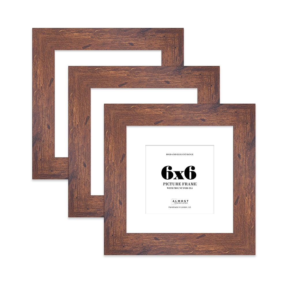 6x6" Rustic Wood Square Frame With Mount for 4x4" Pictures 28mm Edge Frame Display with Wall Hooks and Kickstand, 3 Pack