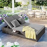 Outdoor Rattan Sunbed,All Weather Patio Wicker Double Daybed with Adjustable Backrest and Cup Tray,R
