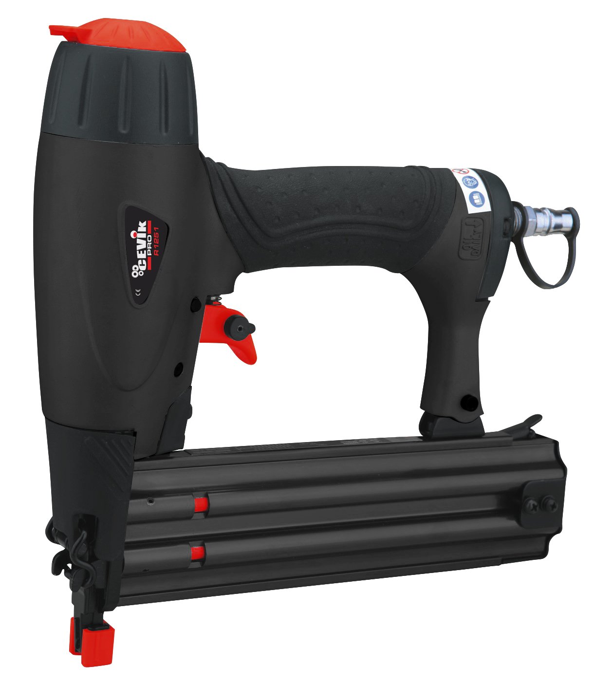 Cevik Pro Black Tacker pneumatic nailer, a black and red tool with a long magazine for nails.