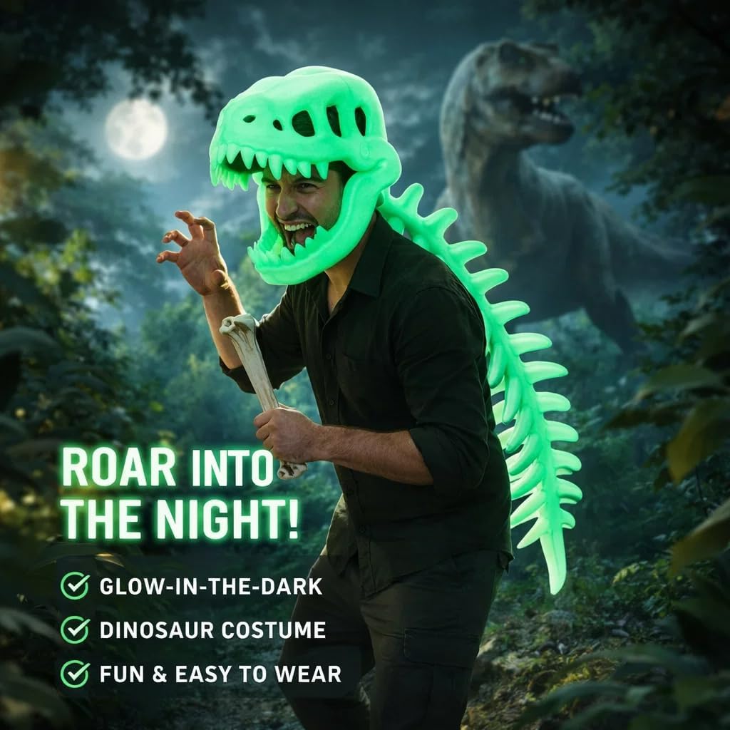 Dinosaur Fossil Costume Regular/Glow in Dark, 30/45in Realistic Skeleton Costume Set with Dino Head Mask & Plush Spine Bone
