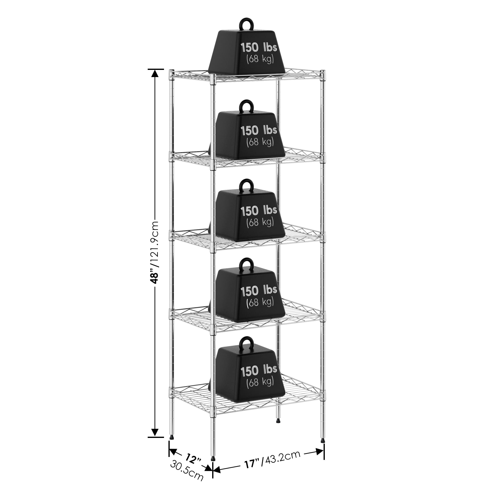 Étagère Métallique Furinno Wayar 5 Niveaux - Avec Roulettes - Acier Inox - 340kg Capacité