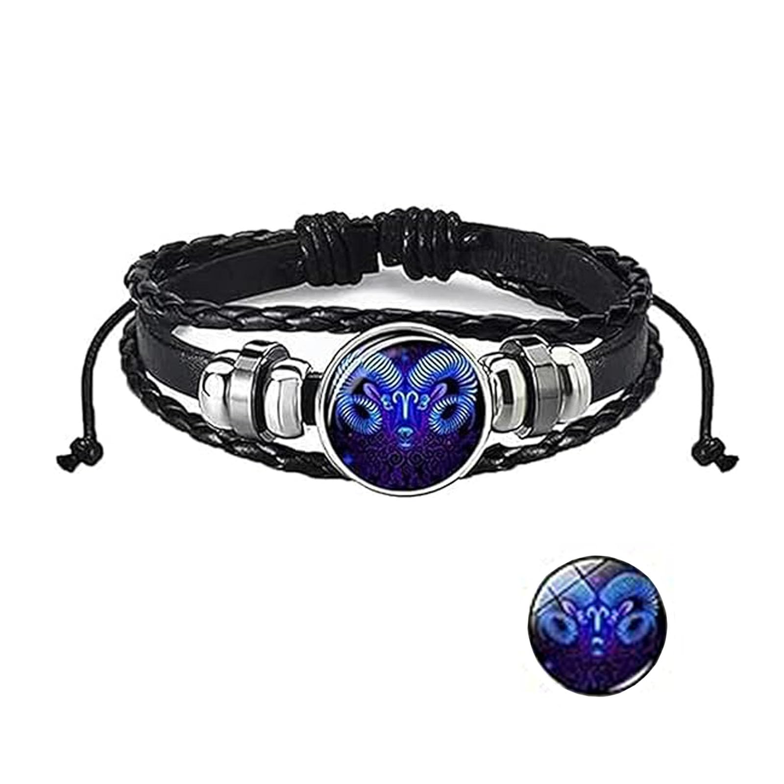 HZZXCH Zodiac Signs Spirit Bracelet, Astrological Spirit Bracelet, Multilayer Adjustable Leather Bracelet Clear Glass Charm Time Gems Serie(Aries)