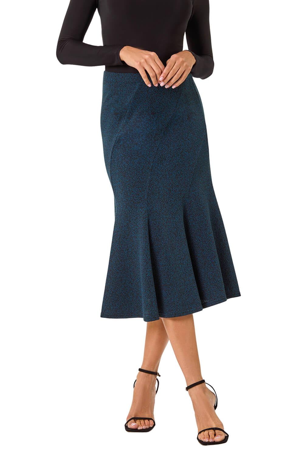 Roman Women's Teal Flared Textured Midi Stretch Skirt In Size 18