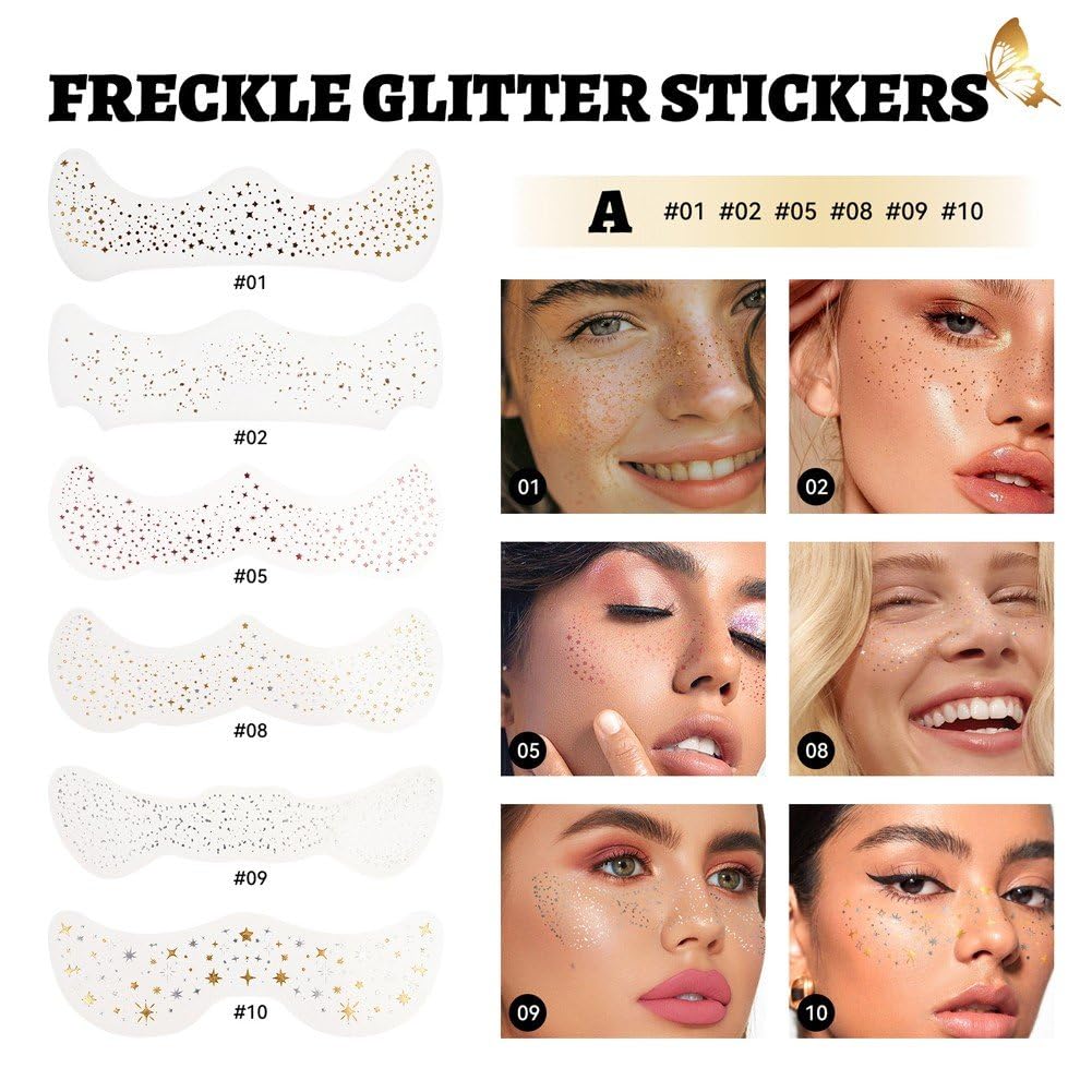 6 Stück Glitzer-Sommersprossen Tattoos | Temporäre Gesichts-Tattoos In Gold – Wasserfest & Schweißbeständig