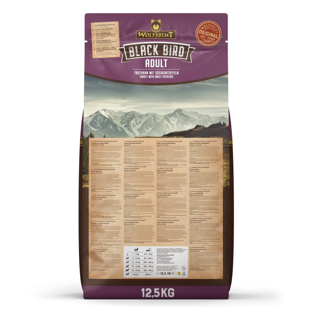 WOLFSBLUT – Black Bird Adult | Trockenfutter mit natürlichen Zutaten und Superfoods für ausgewachsene Hunde. Getreidefreies Alleinfutter ohne Zusatzstoffe im Beutel | 12,5kg Truthahn