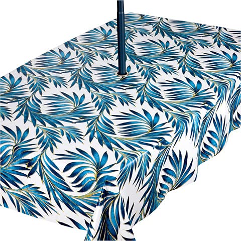 Rosie Lane PVC Wipe Clean Garden Outdoor Tablecloth Protector with Stainless Steel Parasol Umbrella Hole In On-Trend Blue Teal Palm Design 200cm x 140cm