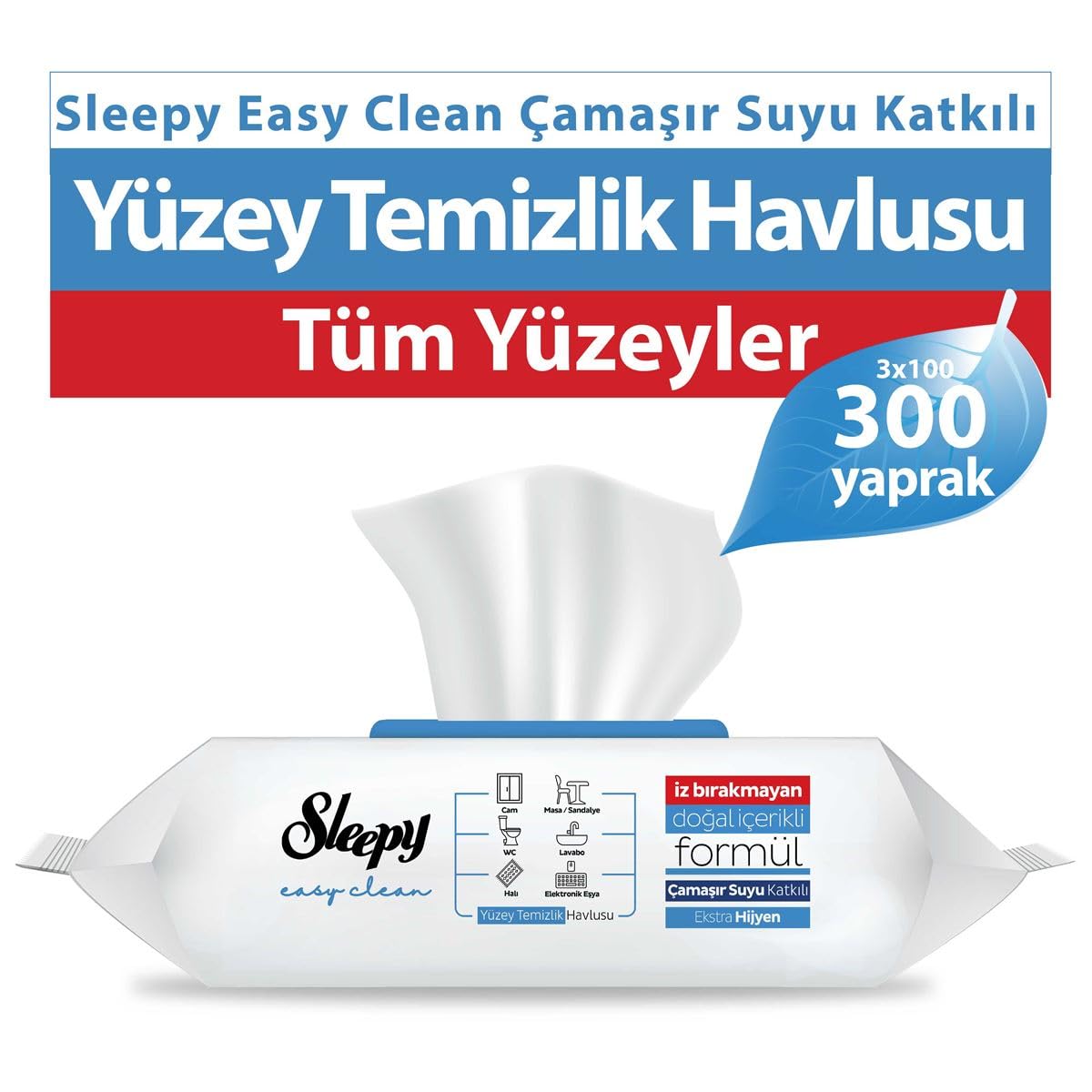 Sleepy Easy Clean Premium Çamaşır Suyu Katkılı Yüzey Temizlik Havlusu Mendili 3x100 (300 Yaprak)