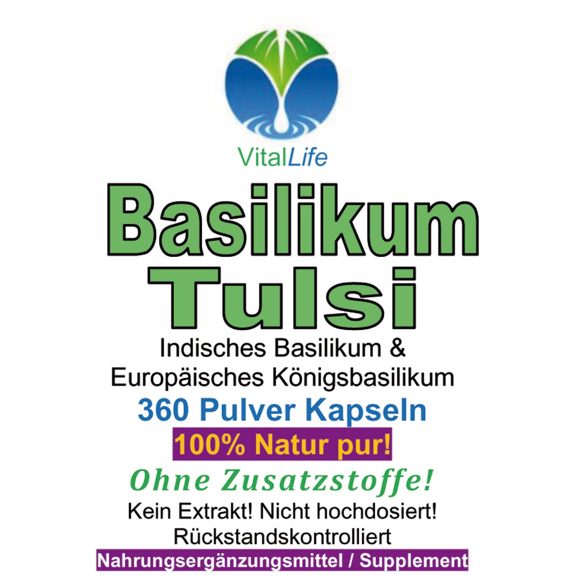 Basilikum Tulsi 360 Pulver Kapseln NATUR PUR NICHT hochdosiert KEIN EXTRAKT OHNE ZUSATZSTOFFE OHNE FÜLLSTOFFE. 26418