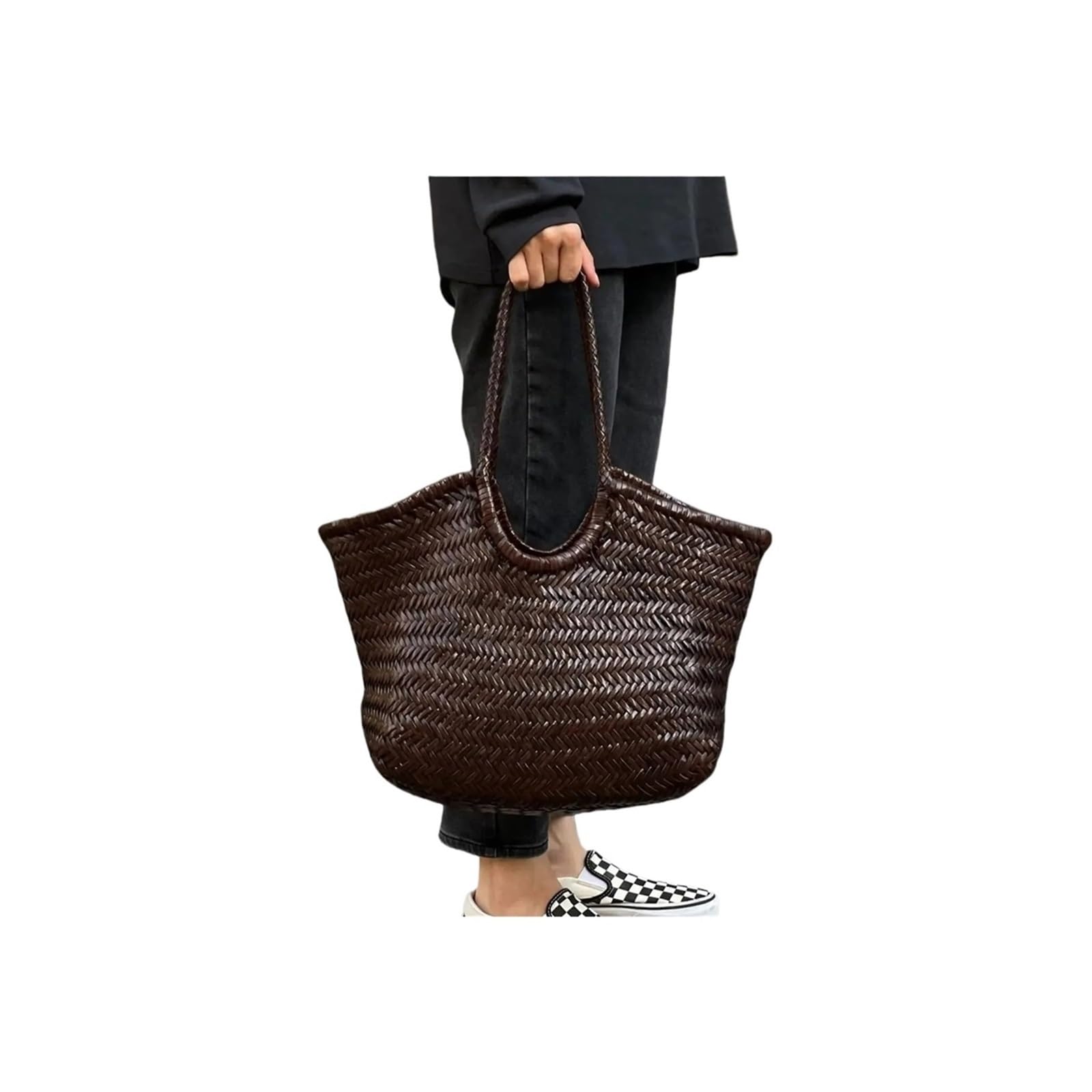 Geflochtene Strandtasche Handgewebte Einkaufstasche aus genarbtem Leder, modische for Damen, großes Fassungsvermögen, Umhängetasche, luxuriöses Design, Gemüsekorb