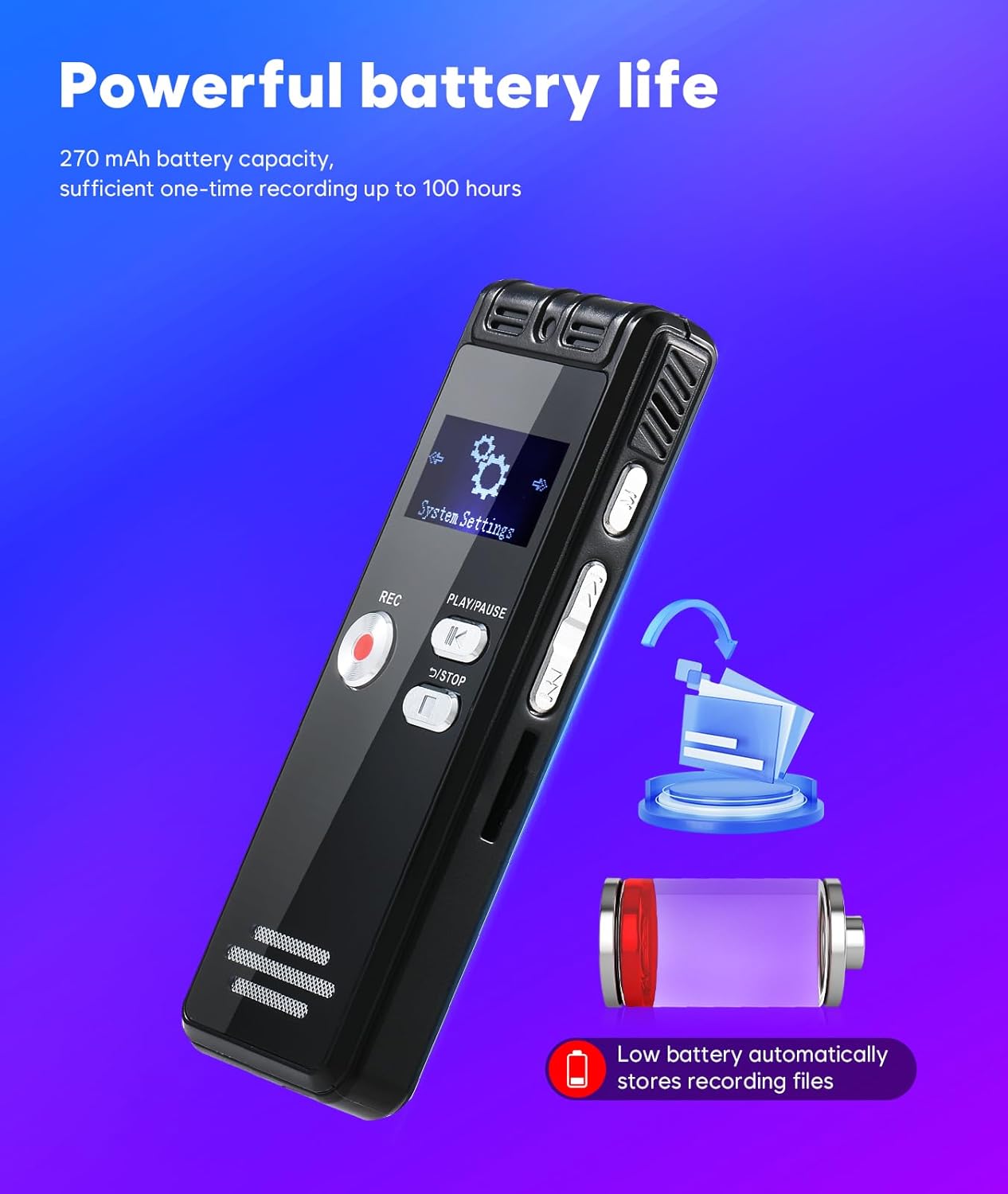 NekSide recorder showing powerful battery life with 270mAh capacity and automatic file saving on low battery