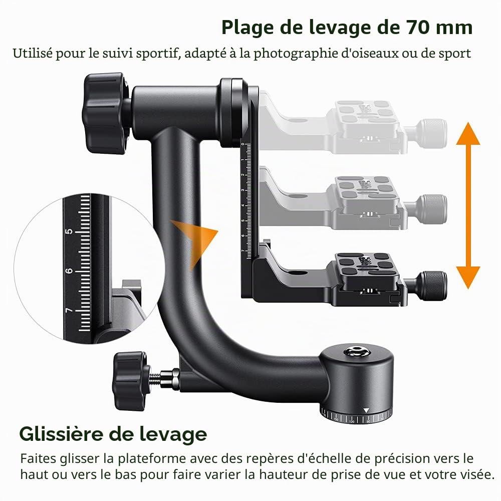 K&F Concept Tête de Trépied Panoramique 360° en Aluminium Plaque Rapide Standard 1/4" et Niveau à Bulle, Plage de Levage 70mm Charge 20KG pour Caméra Appareil Photo Reflex Numérique DSLR