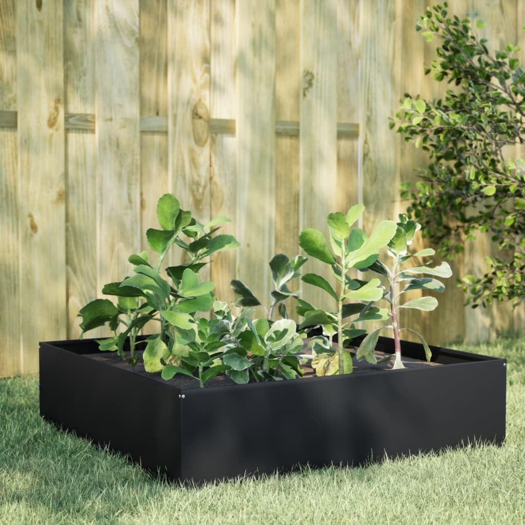 Jardinera elevada de jardín de acero negro 100 x 100 x 25 cm, cama de cultivo con fondo abierto para plantas, huerto y hierbas aromáticas, diseño elevado duradero