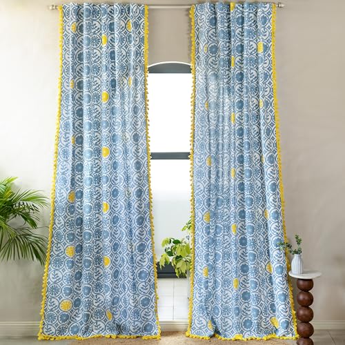 Image of Tranquebar Curtain Co. Cotton Curtains 8 Feet Long, 60-65% Room Darkening, Blue Yellow Geometric Print, Door Curtain, Boho Curtains for Living Room with Tassel Lace, BackTabs, Anya (244 cm) - 1 Piece