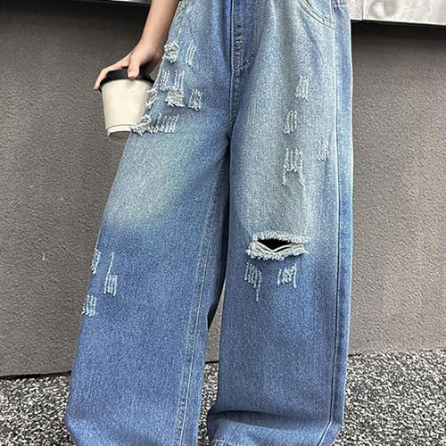 Teen Girls Baggy Ripped Jeans Little Girl Distressed Destroyed Stretchy Pull On Denim Pants Y2K Kids High Waisted Trousers2